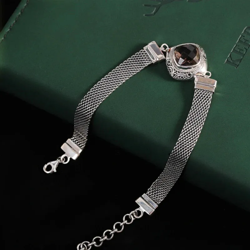 The Gate Keeper's S925 Sterling Silver Bracelet Amethyst Smoky Quartz Flat Woven-chain Jewellery