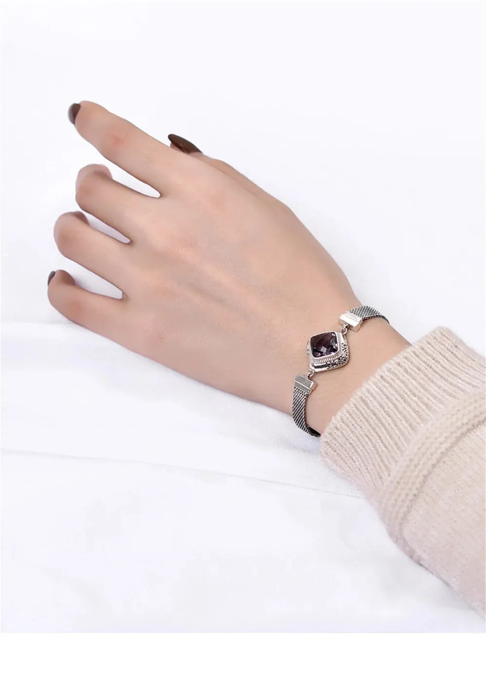The Gate Keeper's S925 Sterling Silver Bracelet Amethyst Smoky Quartz Flat Woven-chain Jewellery