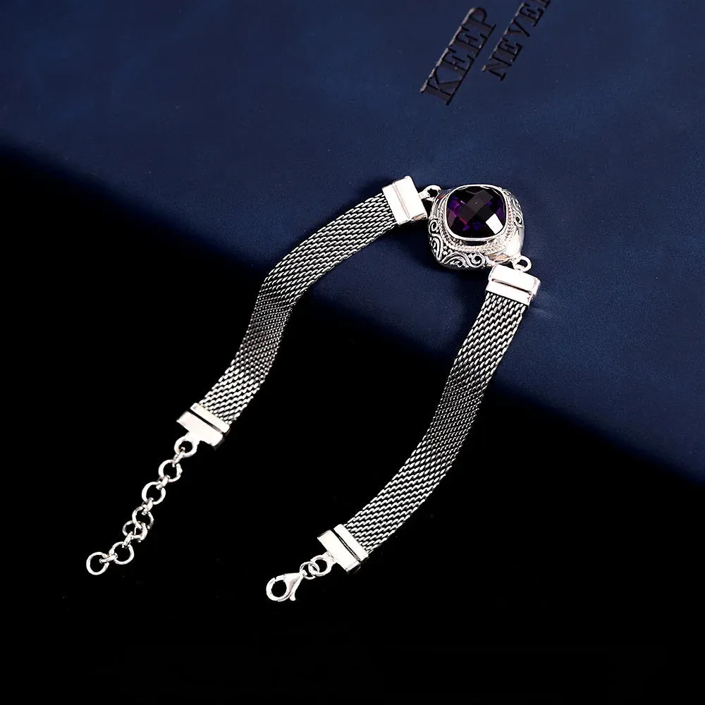 The Gate Keeper's S925 Sterling Silver Bracelet Amethyst Smoky Quartz Flat Woven-chain Jewellery