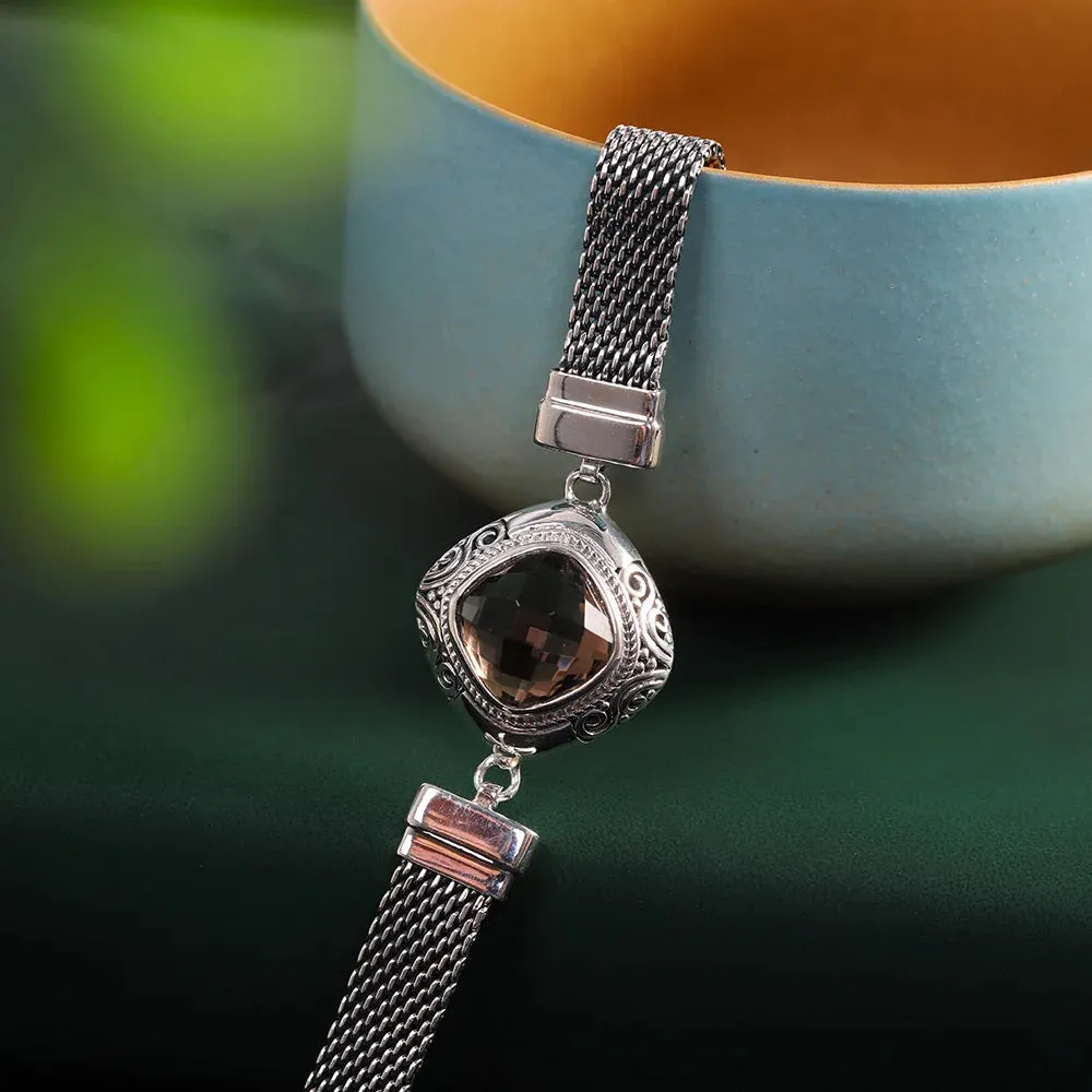 The Gate Keeper's S925 Sterling Silver Bracelet Amethyst Smoky Quartz Flat Woven-chain Jewellery