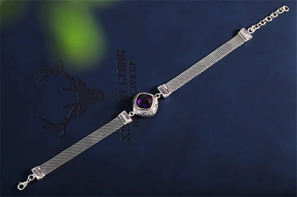 The Gate Keeper's S925 Sterling Silver Bracelet Amethyst Smoky Quartz Flat Woven-chain Jewellery
