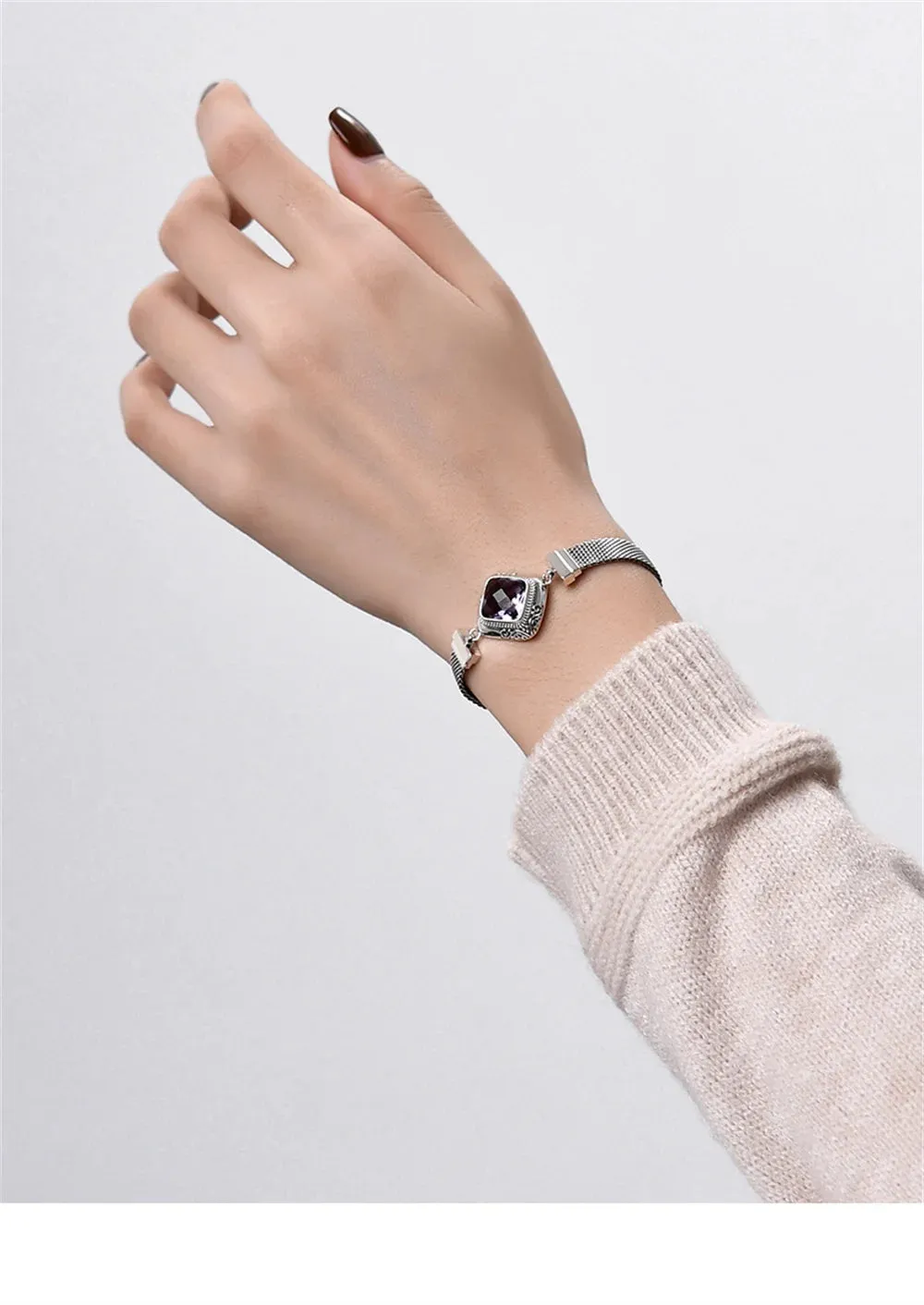 The Gate Keeper's S925 Sterling Silver Bracelet Amethyst Smoky Quartz Flat Woven-chain Jewellery