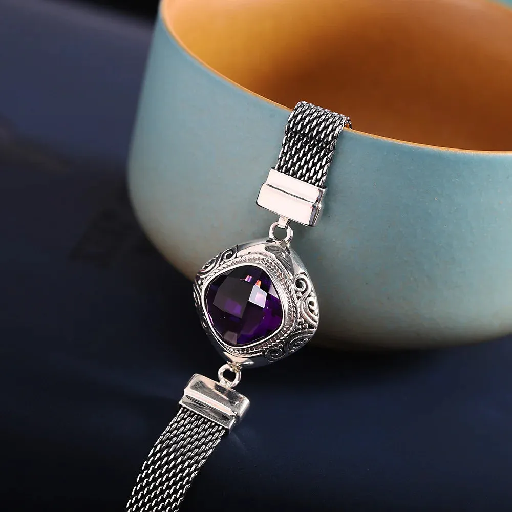 The Gate Keeper's S925 Sterling Silver Bracelet Amethyst Smoky Quartz Flat Woven-chain Jewellery