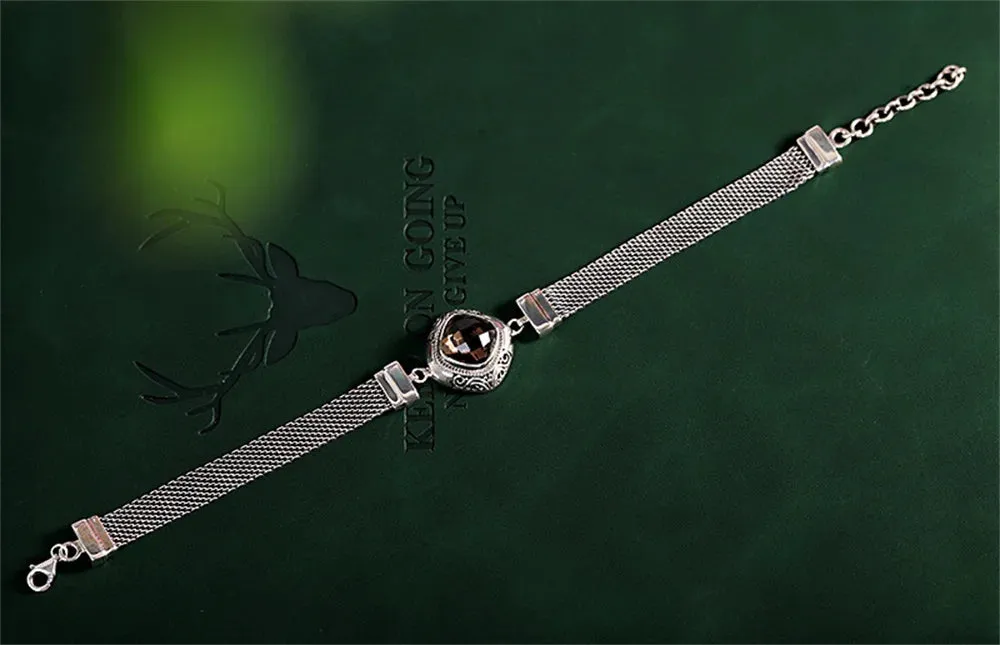 The Gate Keeper's S925 Sterling Silver Bracelet Amethyst Smoky Quartz Flat Woven-chain Jewellery