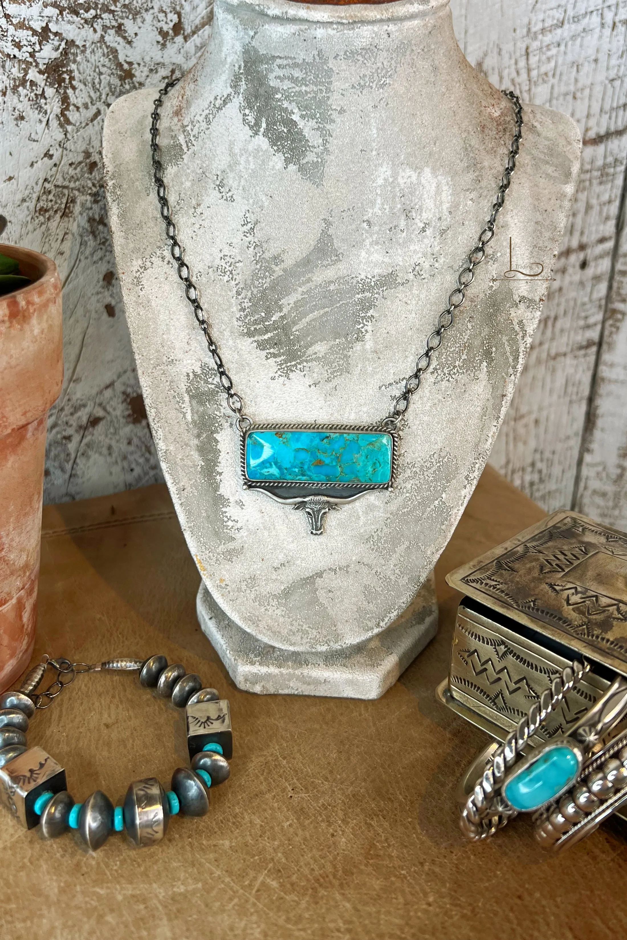 The Turquoise & Sterling Longhorn Bar Necklace