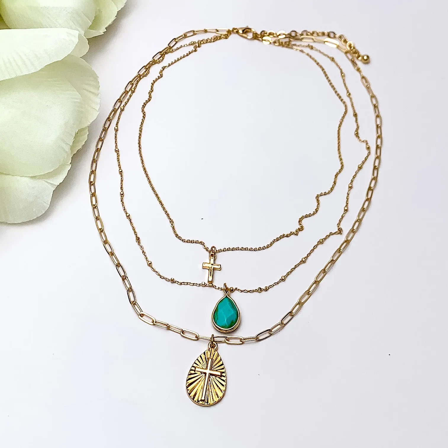Three layered Gold Tone Necklace With Multiple Designed Charms