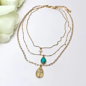 Three layered Gold Tone Necklace With Multiple Designed Charms