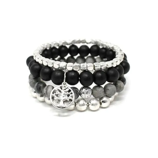 Tree Charm Beaded Bracelet - Silver and Black