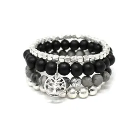 Tree Charm Beaded Bracelet - Silver and Black