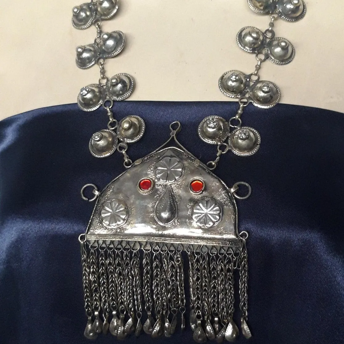 Tribal Pendant Necklace With Dangling Tassels and Turkmen Buttons