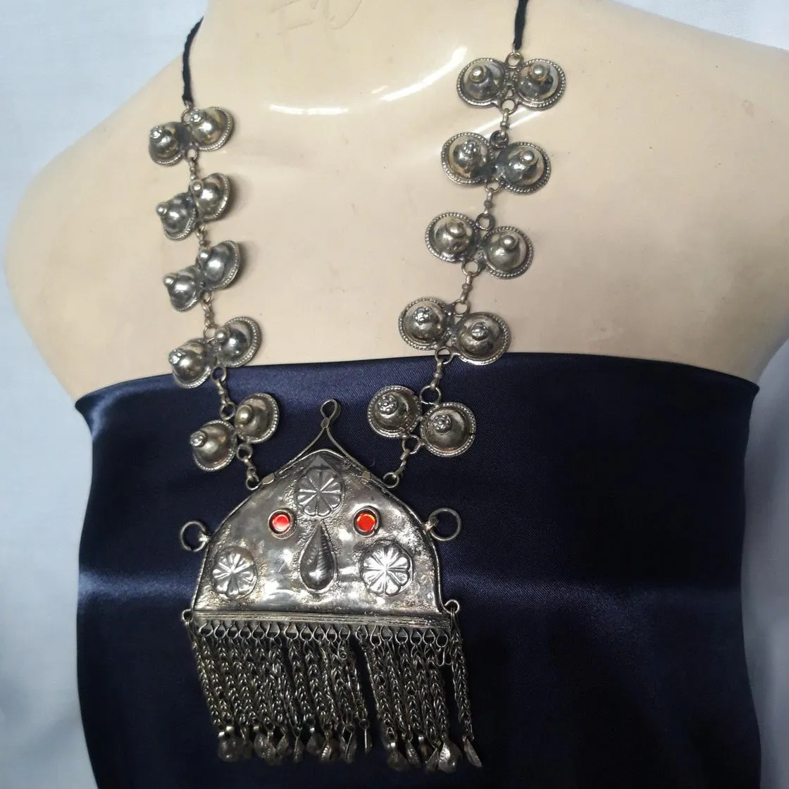 Tribal Pendant Necklace With Dangling Tassels and Turkmen Buttons