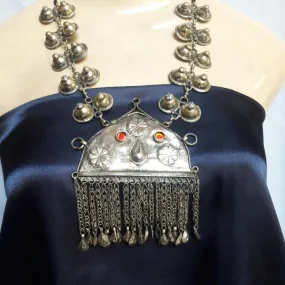 Tribal Pendant Necklace With Dangling Tassels and Turkmen Buttons