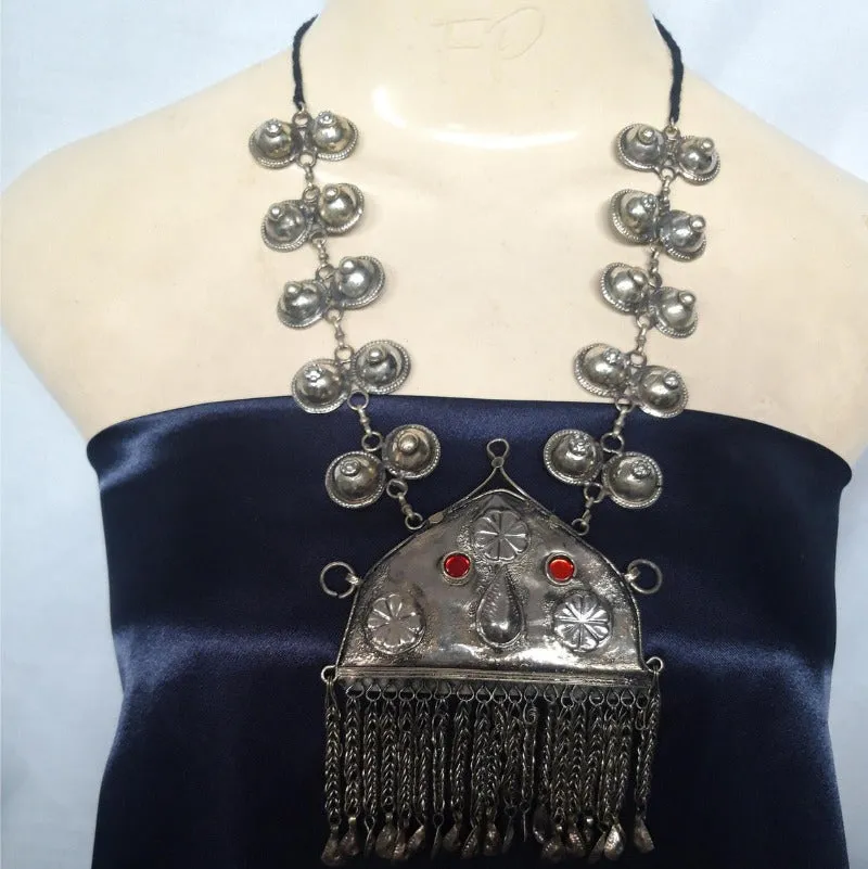 Tribal Pendant Necklace With Dangling Tassels and Turkmen Buttons