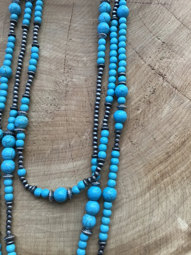 Turquoise & Navajo Style Pearl Triple Necklace