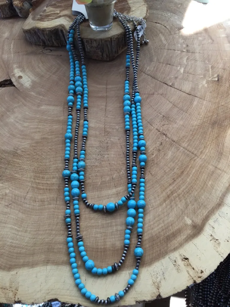 Turquoise & Navajo Style Pearl Triple Necklace