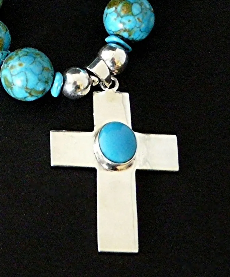 Turquoise and Sterling Silver Cross Pendant with Blue Gem Chip Turquoise Rounds, Czech Glass & Sterling