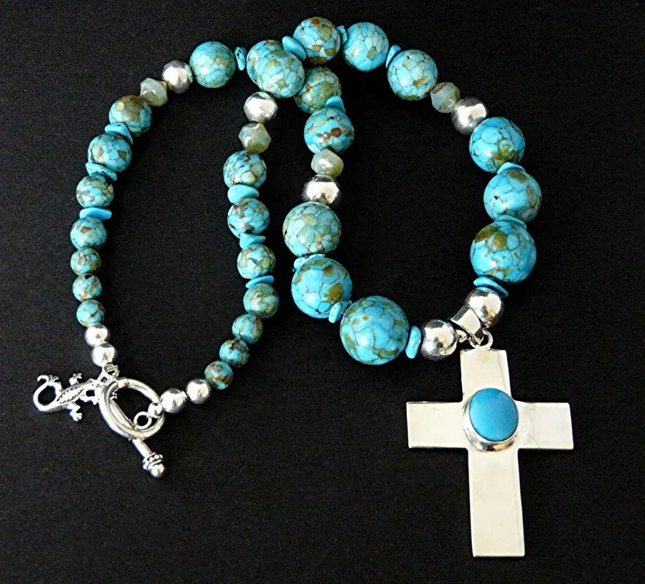 Turquoise and Sterling Silver Cross Pendant with Blue Gem Chip Turquoise Rounds, Czech Glass & Sterling