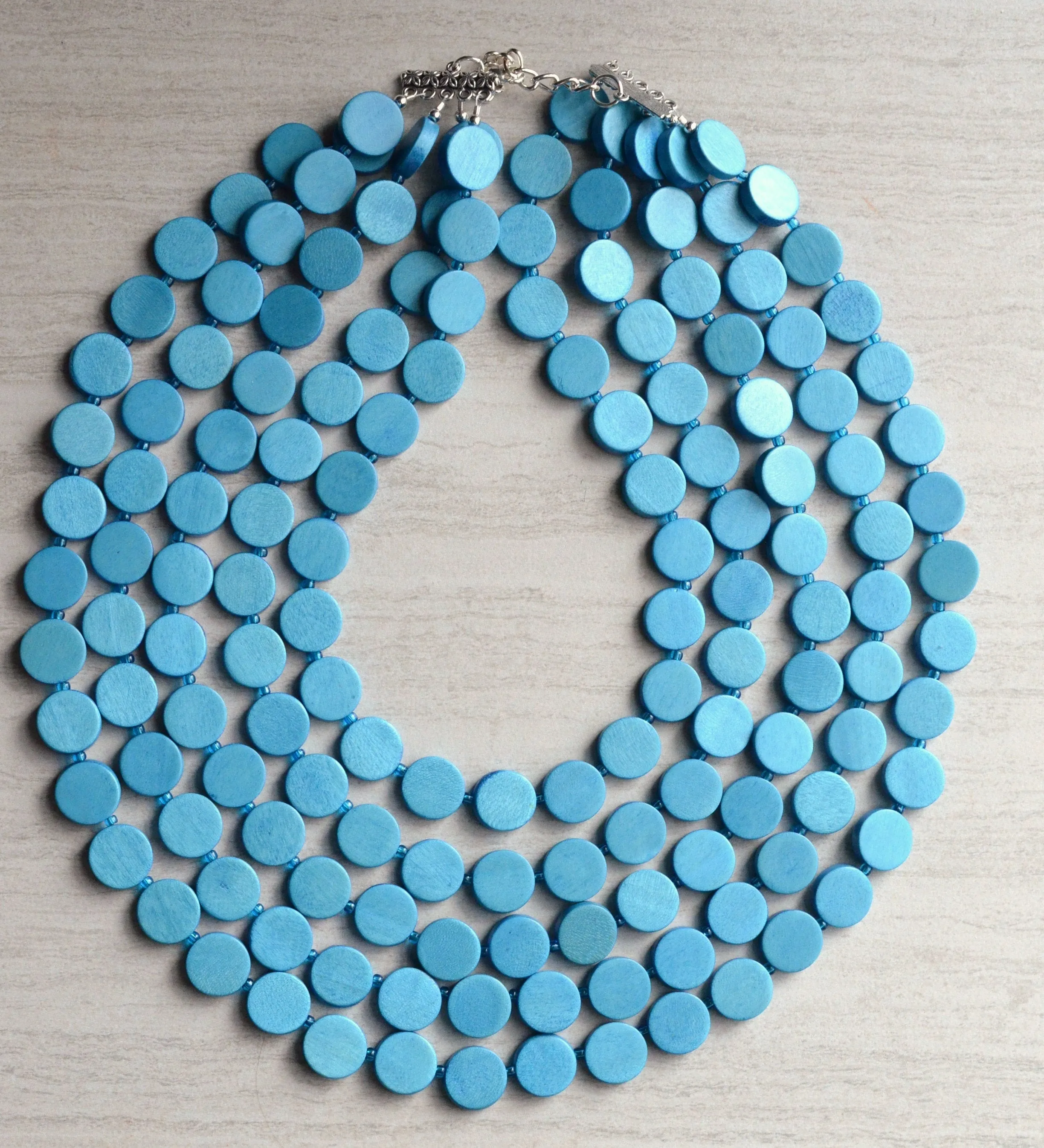 Turquoise Blue Wood Beaded Multi Strand Chunky Statement Necklace - Charlotte