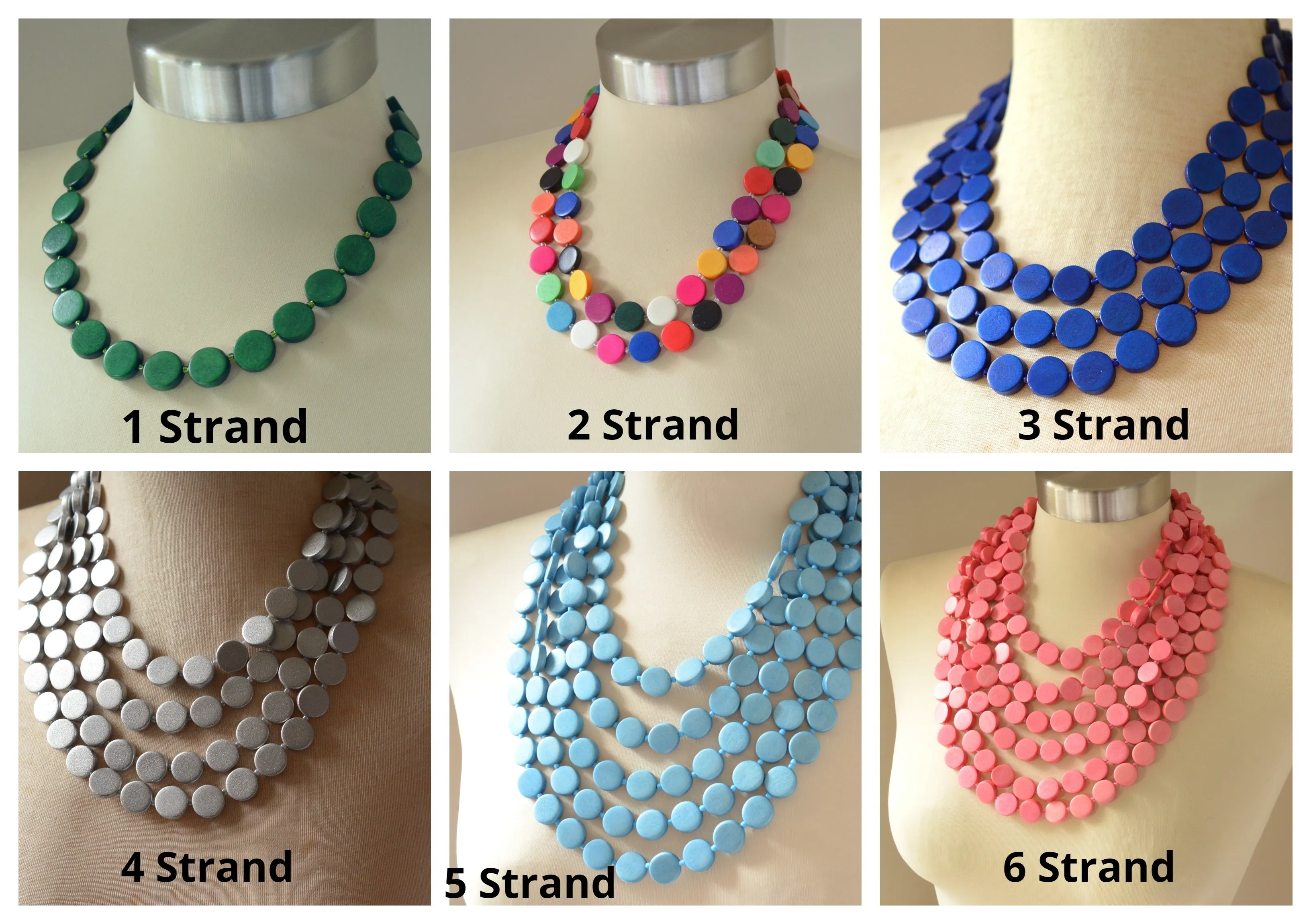 Turquoise Blue Wood Beaded Multi Strand Chunky Statement Necklace - Charlotte