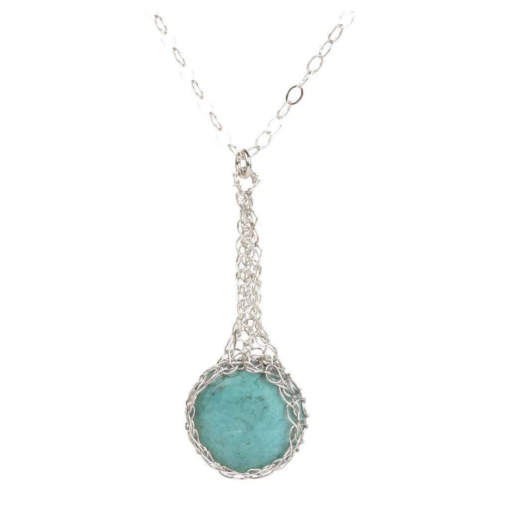 Turquoise pendant necklace , small turquoise coin crocheted in SILVER