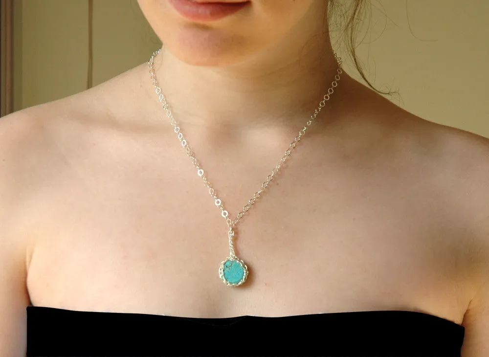 Turquoise pendant necklace , small turquoise coin crocheted in SILVER