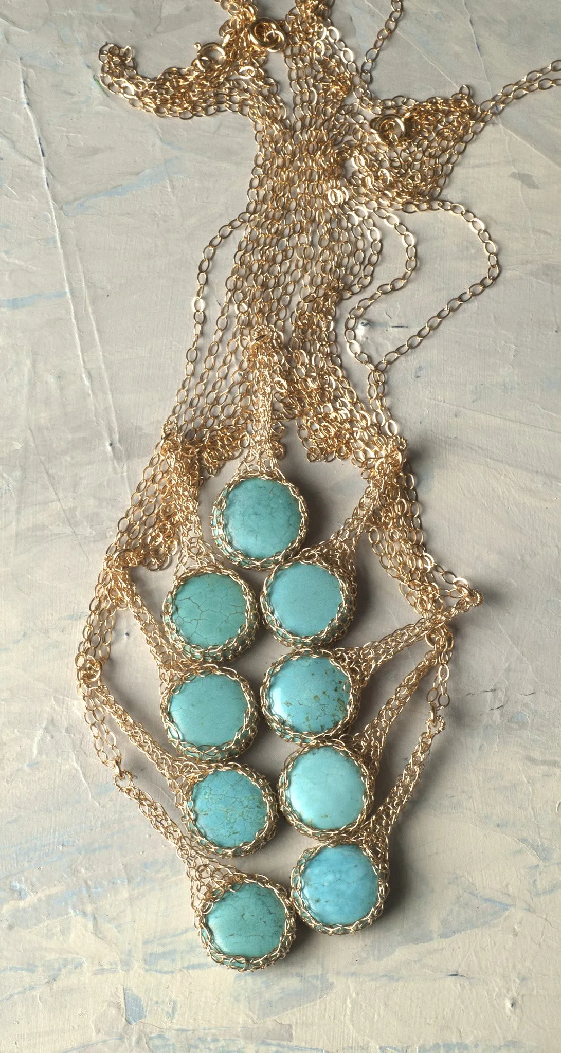 Turquoise pendant necklace , small turquoise coin crocheted in SILVER