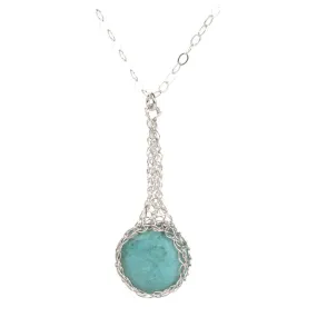 Turquoise pendant necklace , small turquoise coin crocheted in SILVER