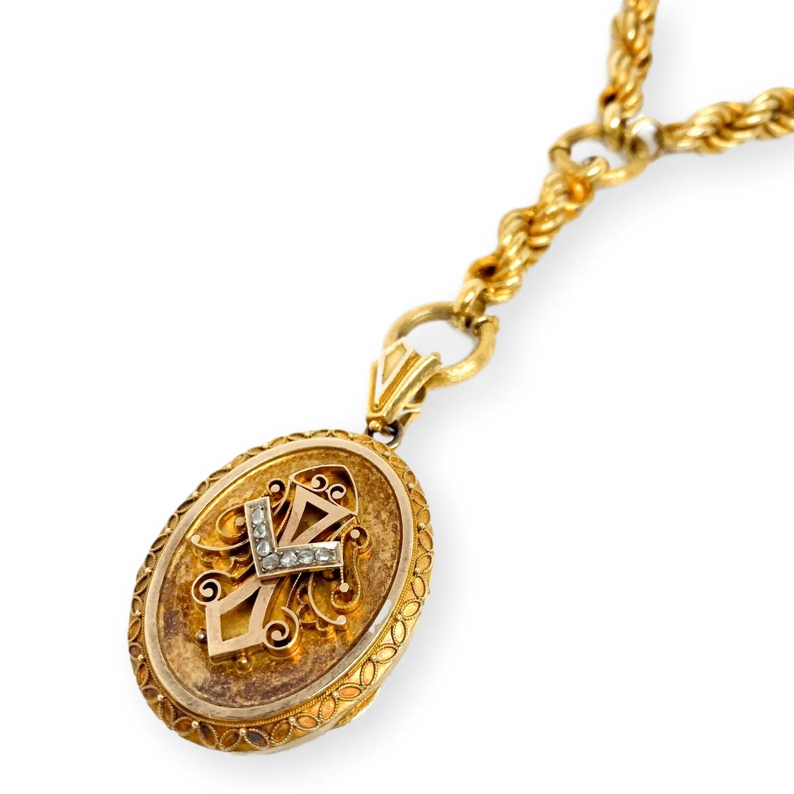 Victorian Chain and Locket Rose Cut Diamonds 18K Yellow Gold 59 grams