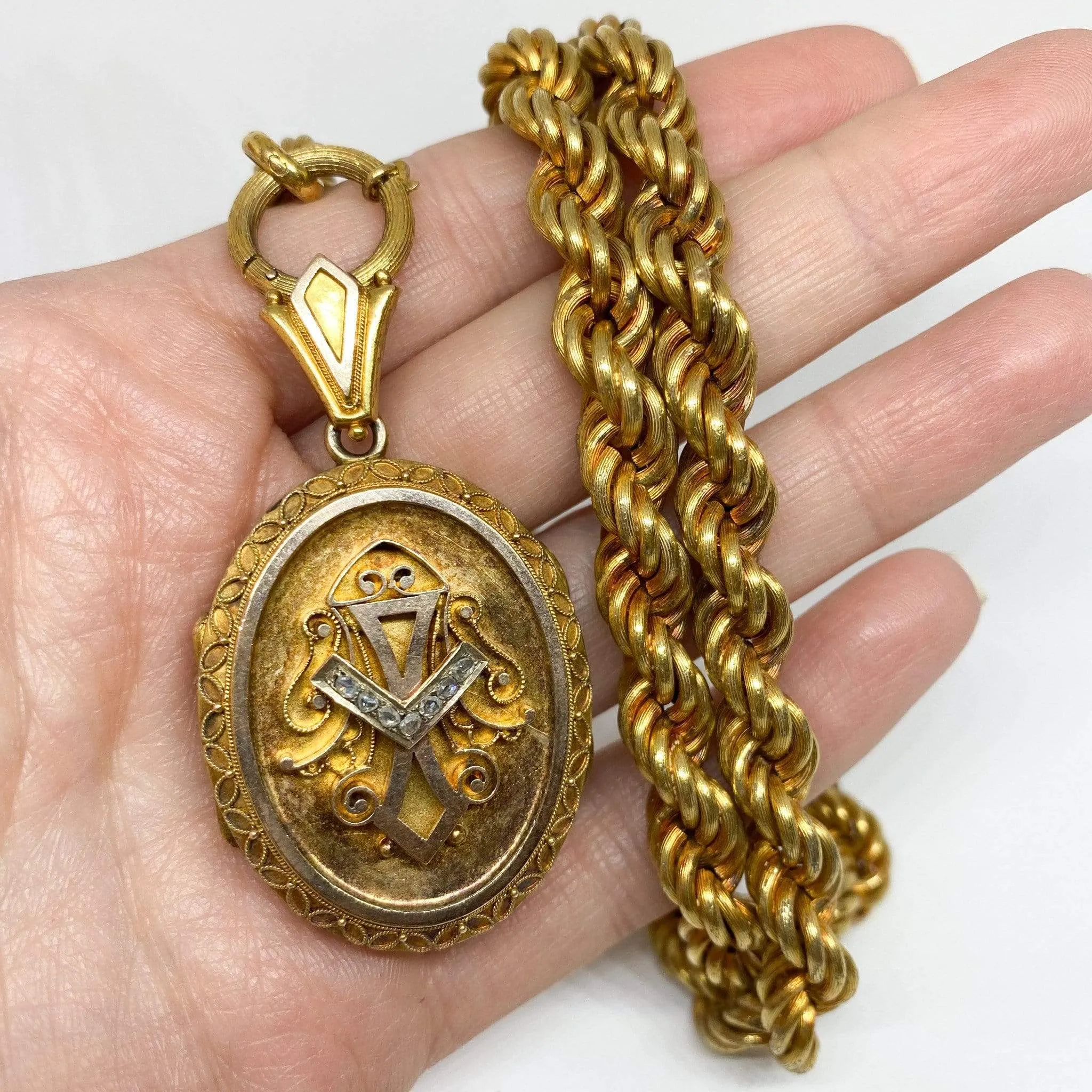 Victorian Chain and Locket Rose Cut Diamonds 18K Yellow Gold 59 grams
