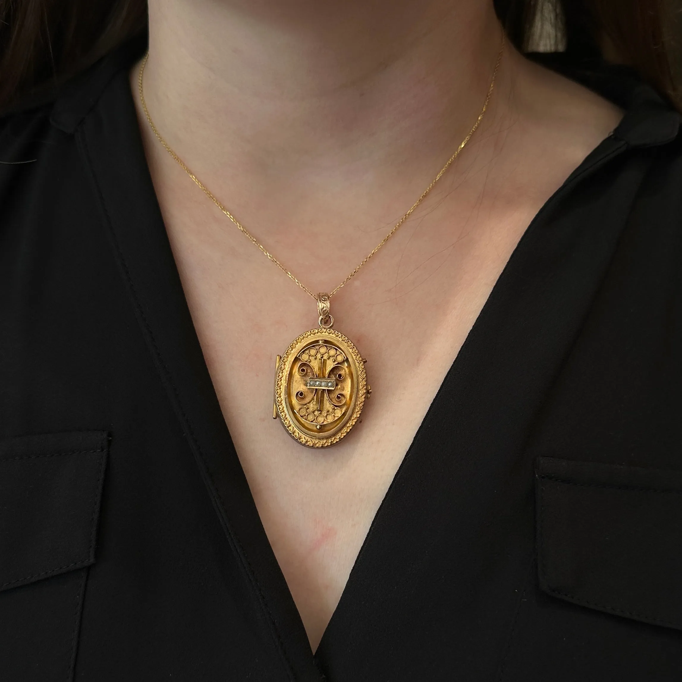 Victorian Etruscan Revival Pearl Locket Pendant