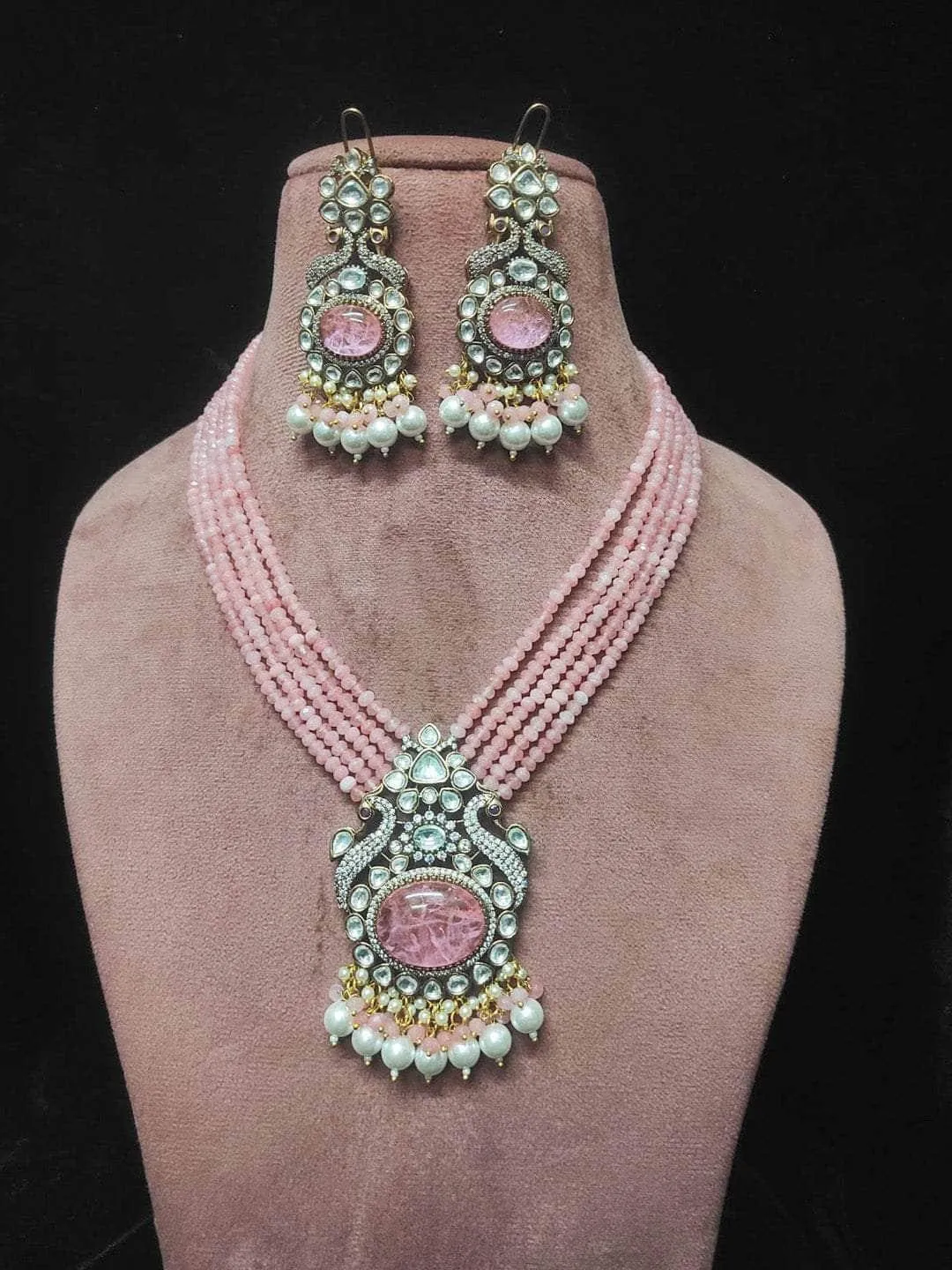 Victorian Finish Long Peacock Design Uncut Necklace Set