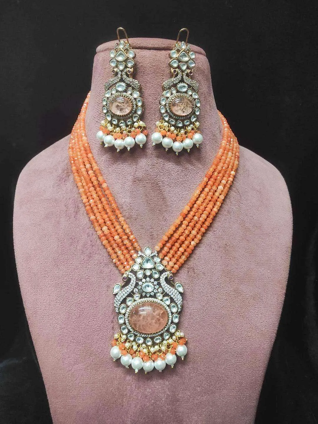 Victorian Finish Long Peacock Design Uncut Necklace Set