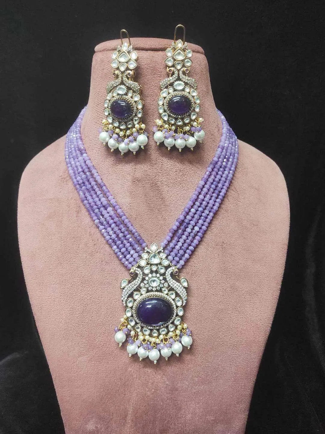 Victorian Finish Long Peacock Design Uncut Necklace Set