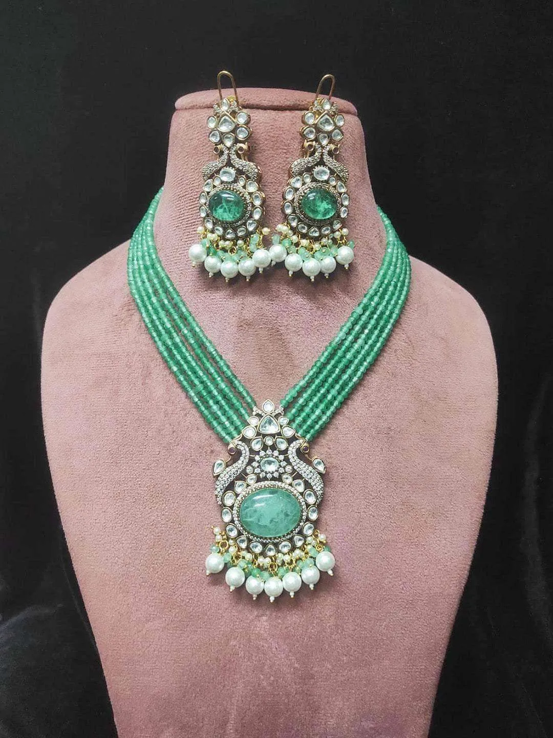 Victorian Finish Long Peacock Design Uncut Necklace Set
