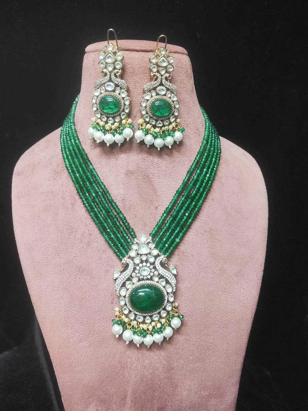 Victorian Finish Long Peacock Design Uncut Necklace Set