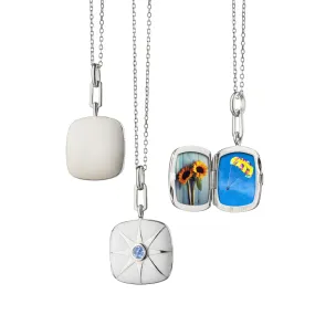 White Enamel Cushion Locket with Blue Sapphire