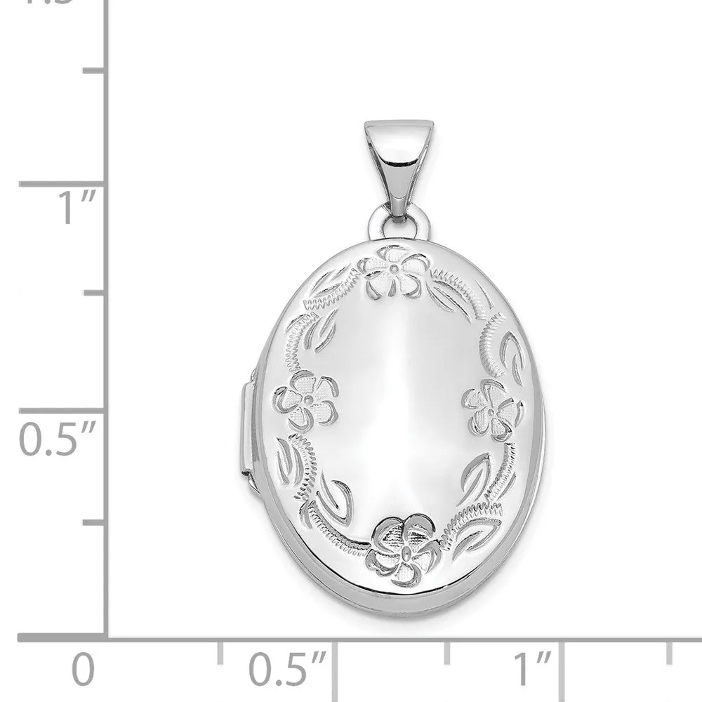 White Gold 21mm Oval Leaf Floral Scroll Border H/Eng Locket - Model XL534