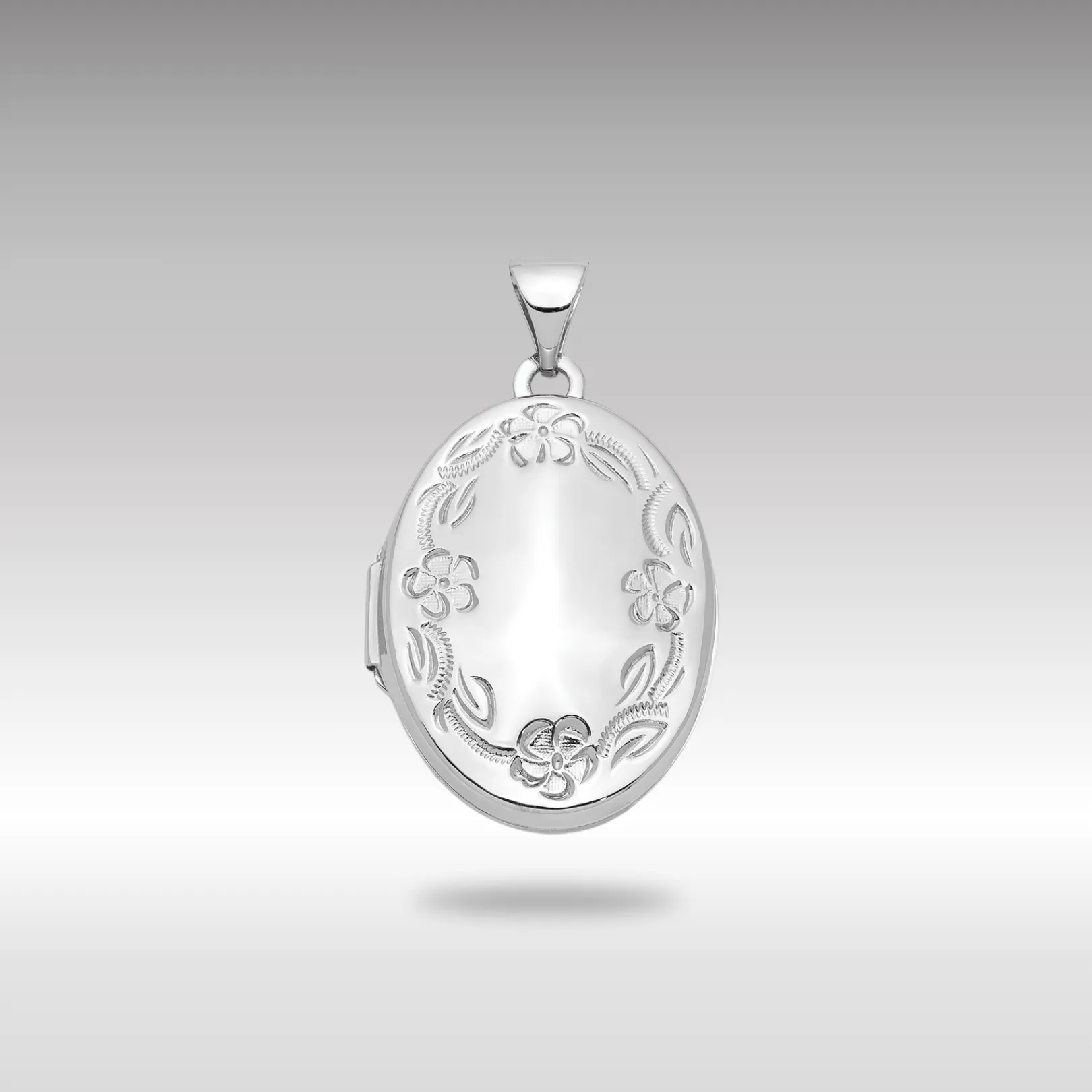 White Gold 21mm Oval Leaf Floral Scroll Border H/Eng Locket - Model XL534