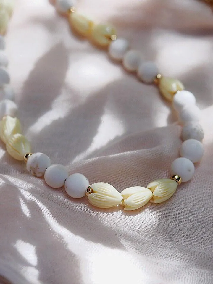 White Turquoise Pikake Flower Bead Necklace - Hakumele