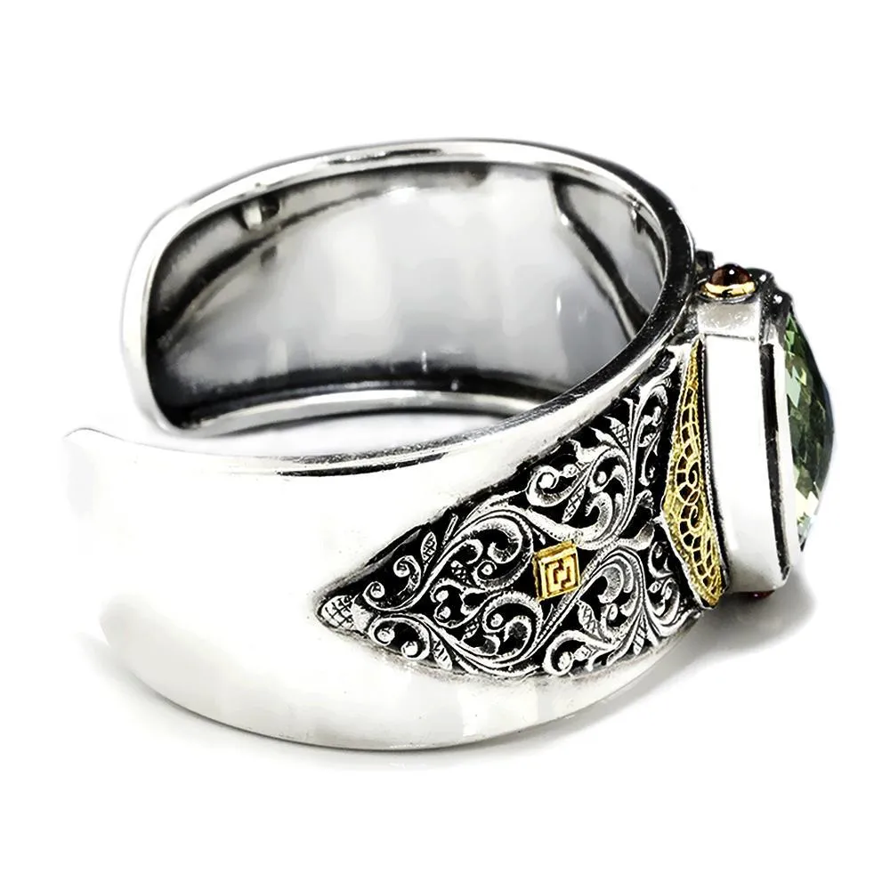 William Schraft Green Amethyst Filigree Cuff Sterling & 18K