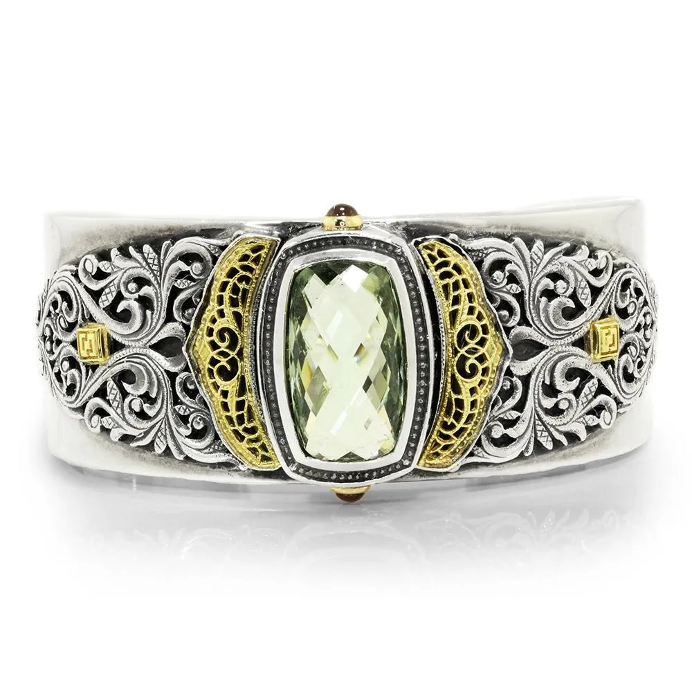 William Schraft Green Amethyst Filigree Cuff Sterling & 18K