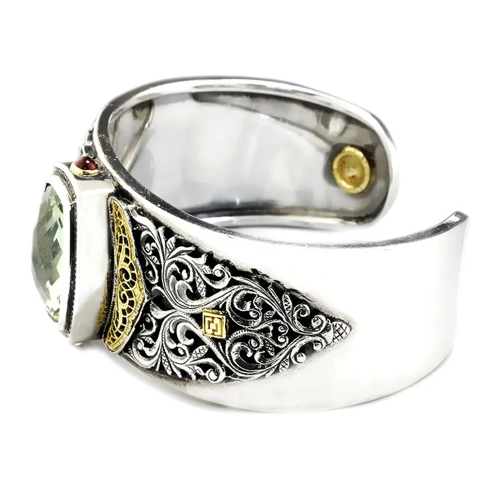 William Schraft Green Amethyst Filigree Cuff Sterling & 18K